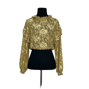 Zara yellow mustard floral lace long sleeves crop top size S